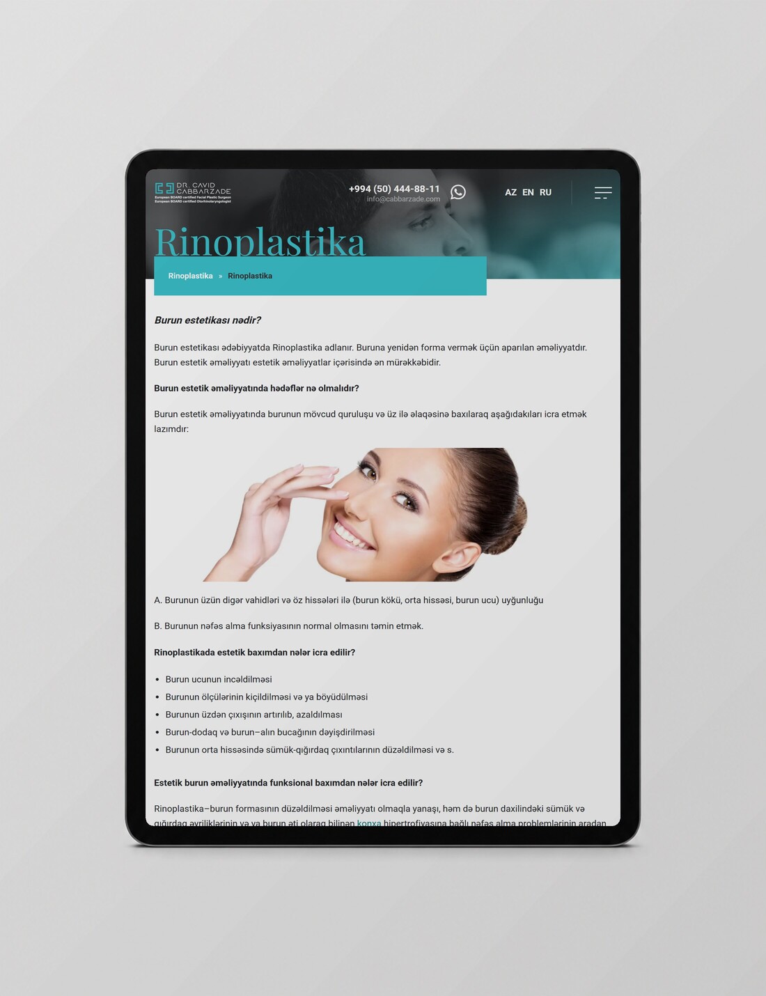 Dos. Dr. Cavid Cabbarzadə — rinoplastika səhifəsi planşetdə