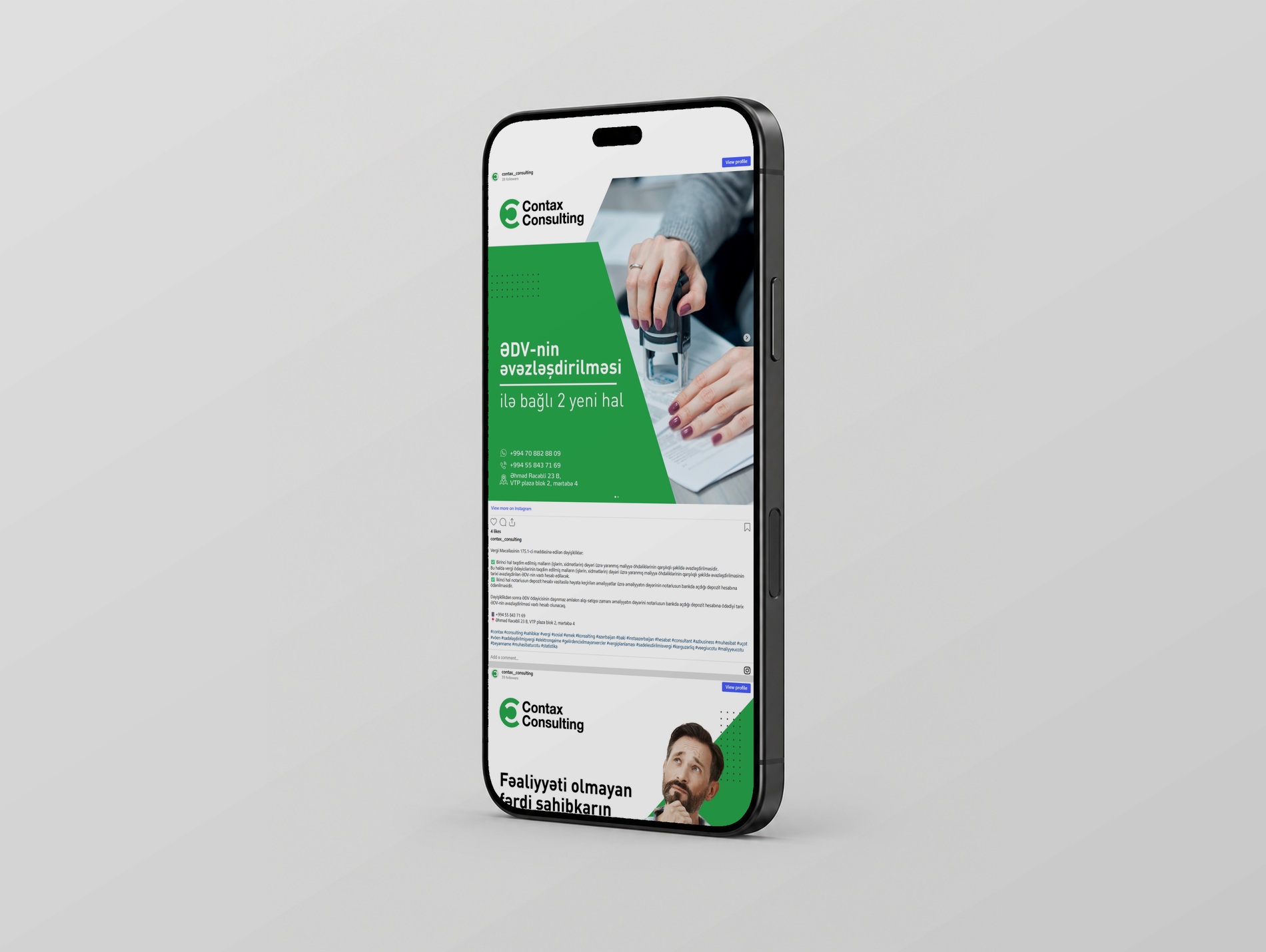 Contax Consulting-in İnstaqram paylaşımı telefonda