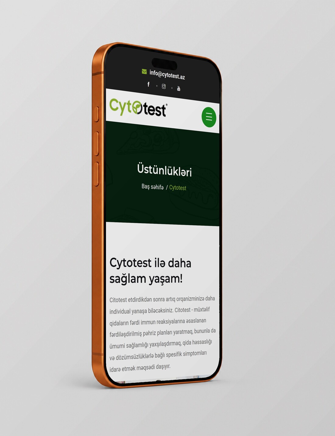 Cytotest — avantajlar sayfası telefonda