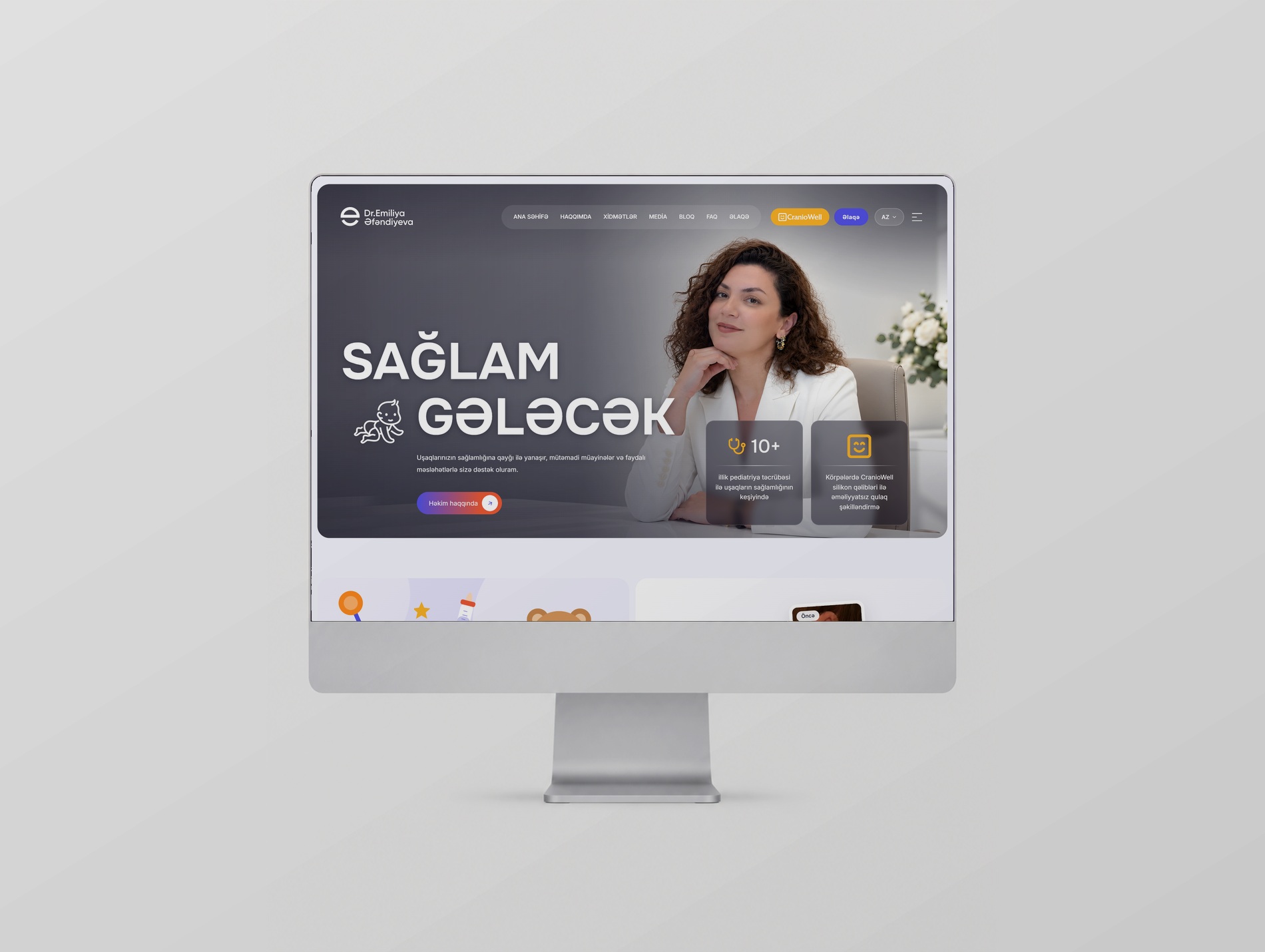 Dr. Emiliya Əfəndiyeva saytının ana səhifəsi monitorda