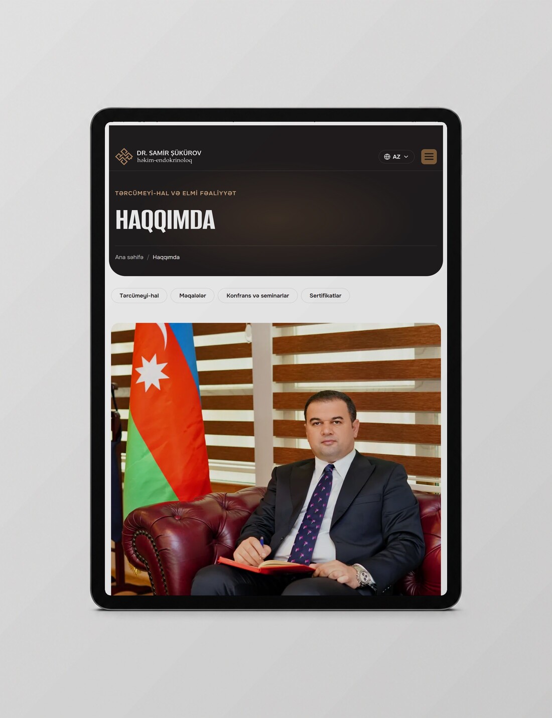 Dr. Samir Şükürov — haqqımda səhifəsi planşetdə