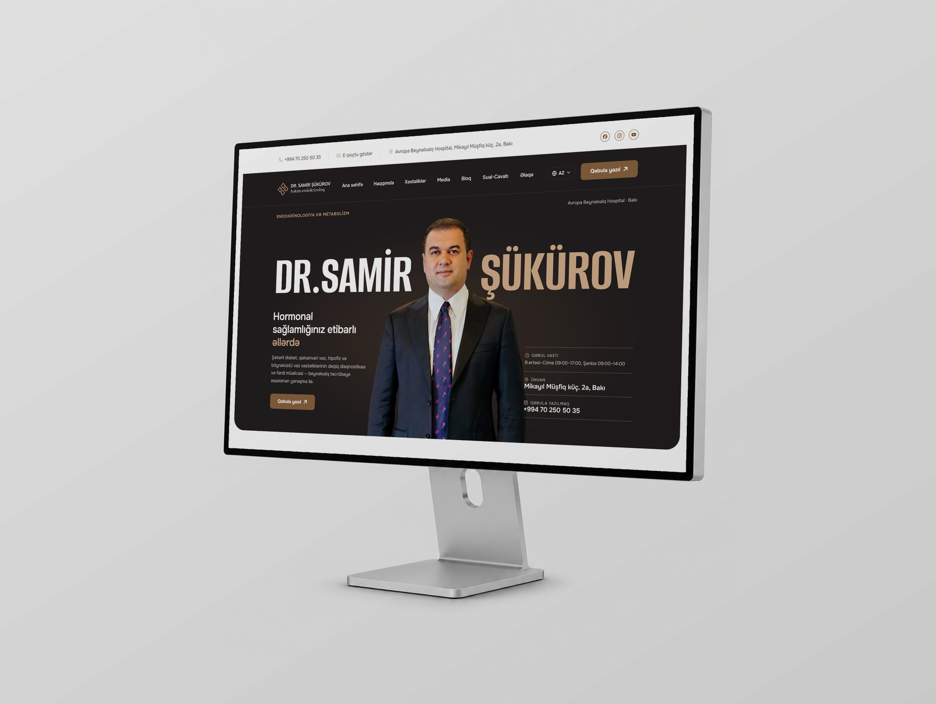 Dr. Samir Şükürov saytının ana səhifəsi monitorda