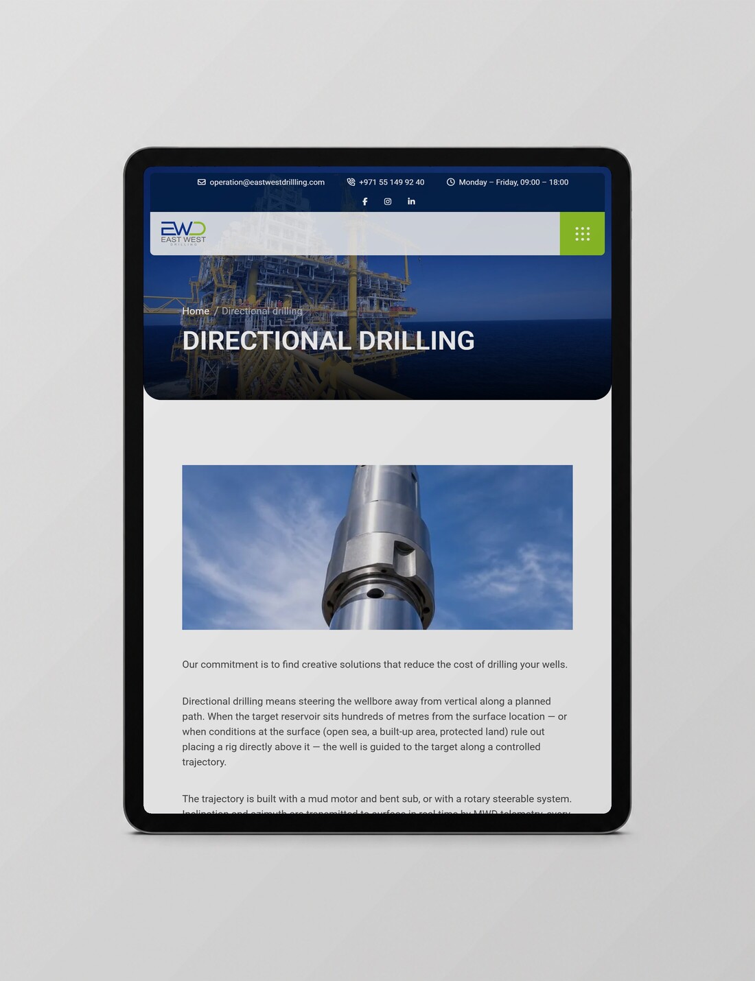 East West Drilling — the directional drilling page on a tablet