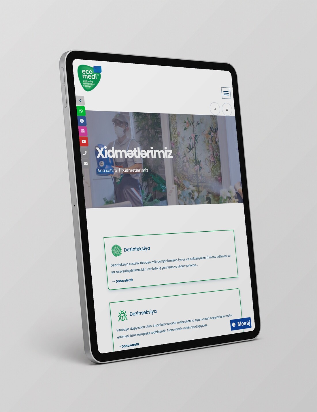 EcoMedi — страница услуг на планшете