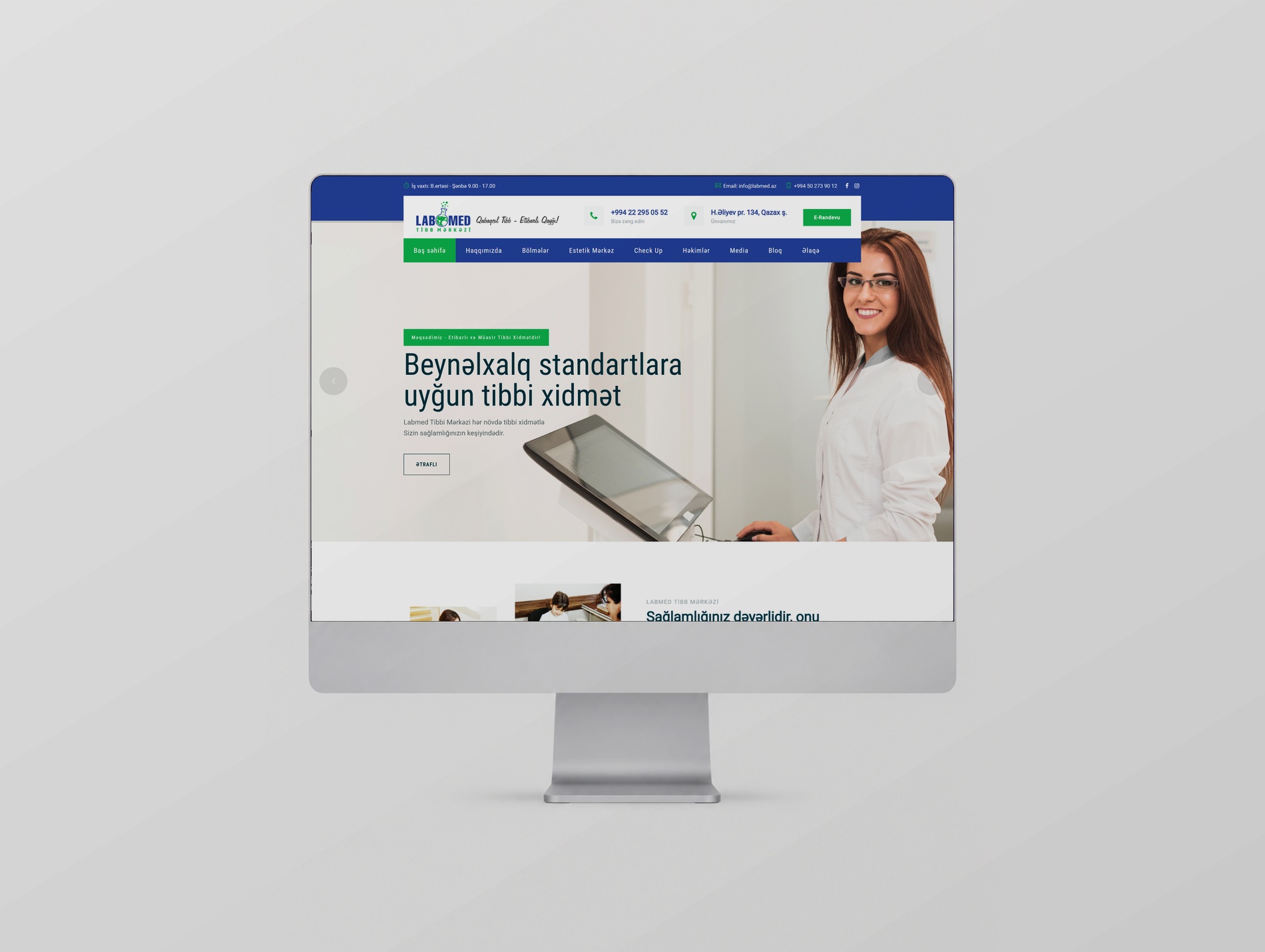 Labmed Tibb Mərkəzinin ana səhifəsi masaüstü ekranda