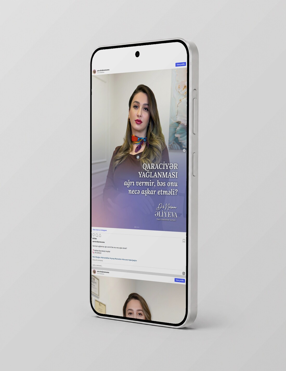 Dr. Nuranə Əliyeva'nın Instagram paylaşımı telefonda